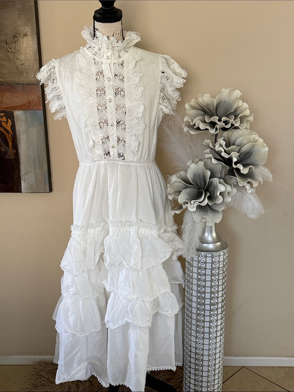 Beulah White Lace Tiered Ruffle Midi Dress with High Neck